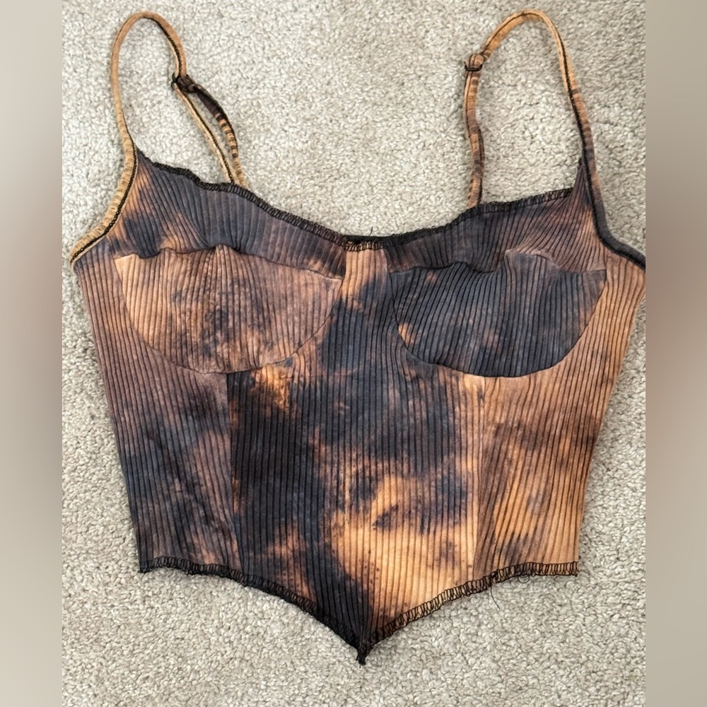 Brand Tag Cut Out brown + black bleach dyed stretchy bustier inspired tank top